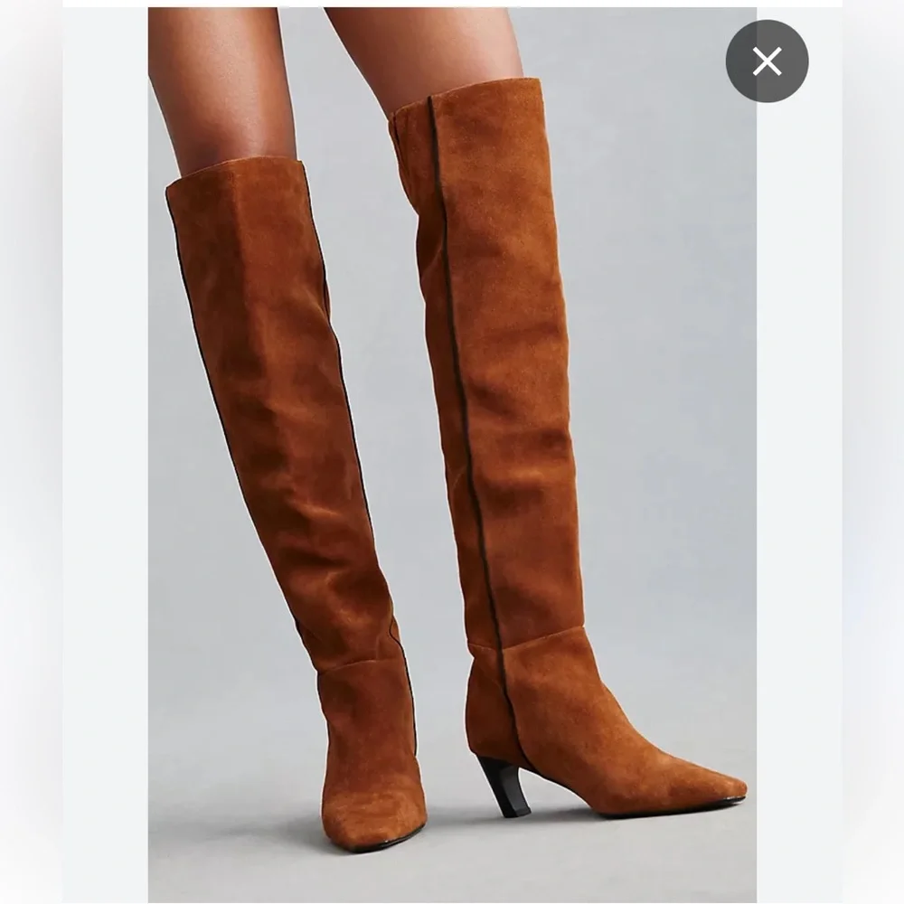 ANTHROPOLOGIE CAVERLEY Morgan Boots Over-the-Knee Camel Suede Kitten Heel NEW - Picture 3 of 12